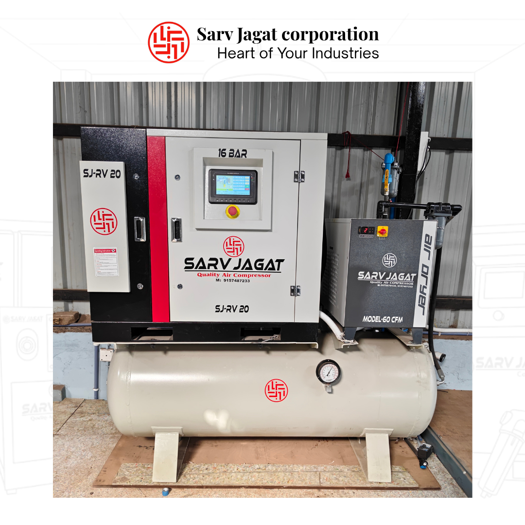 SJ 20 HP VSD Screw Air Compressor with 500L Tank | 16 Bar | Sarv Jagat Corporation