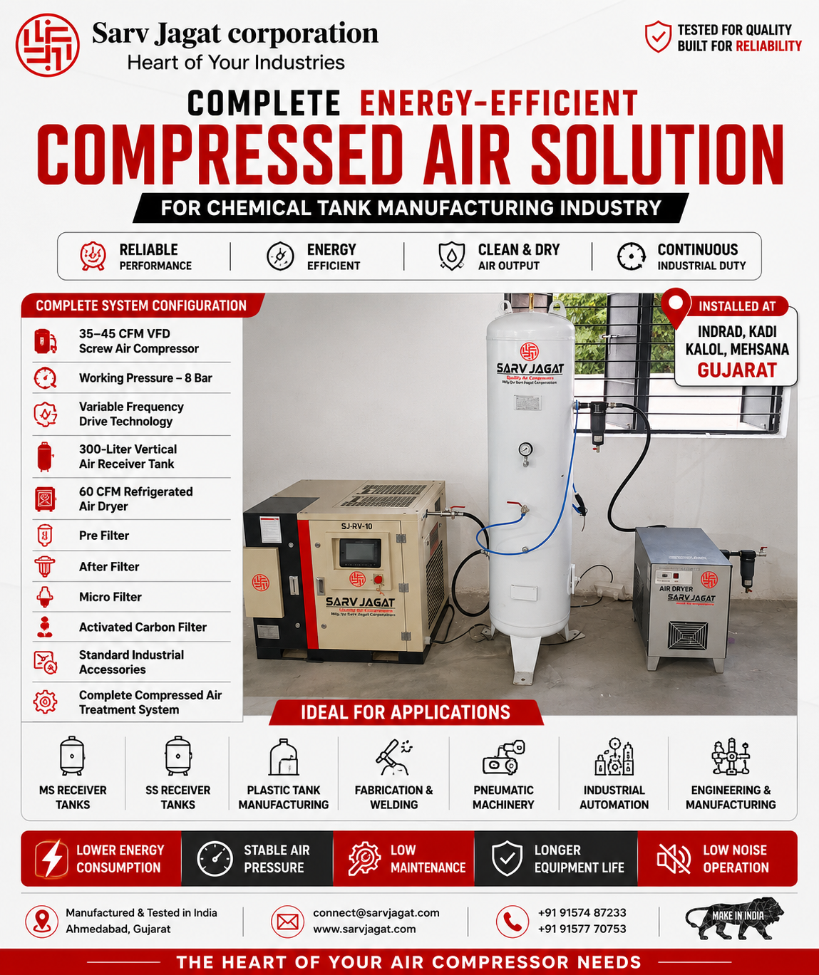 35–45 CFM VFD Screw Air Compressor | 8 Bar | Complete Air Treatment System