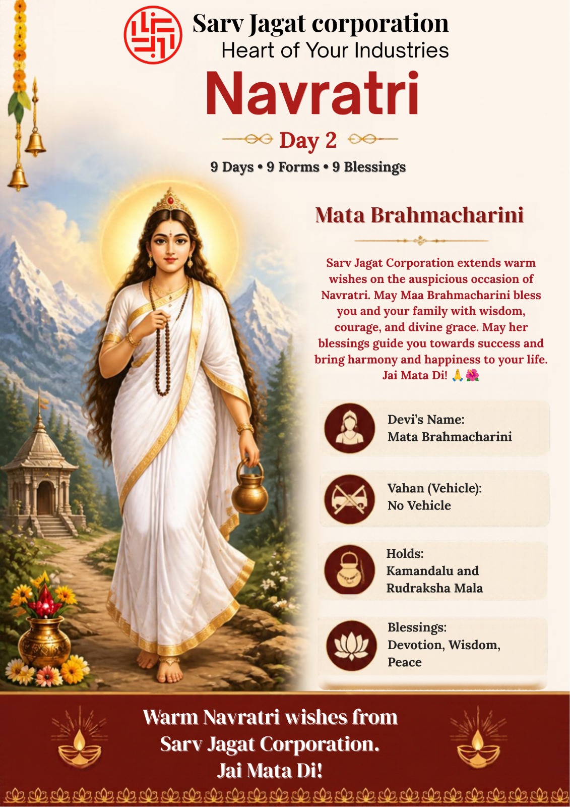 Navratri Day 2 2026 | Maa Brahmacharini Wishes & Blessings