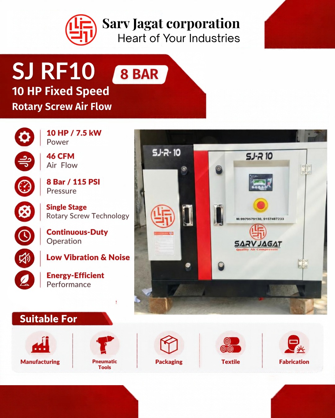 SJ RF10 10 HP Screw Air Compressor | 8 Bar | 46 CFM