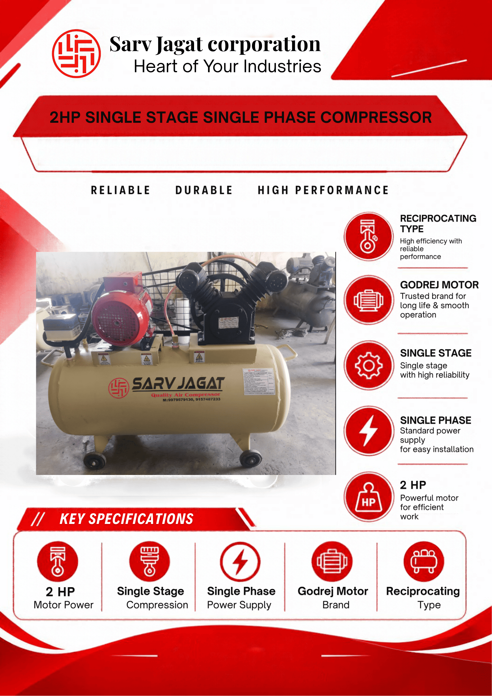 SJ 2 HP Reciprocating Air Compressor | Godrej Motor | Single Phase